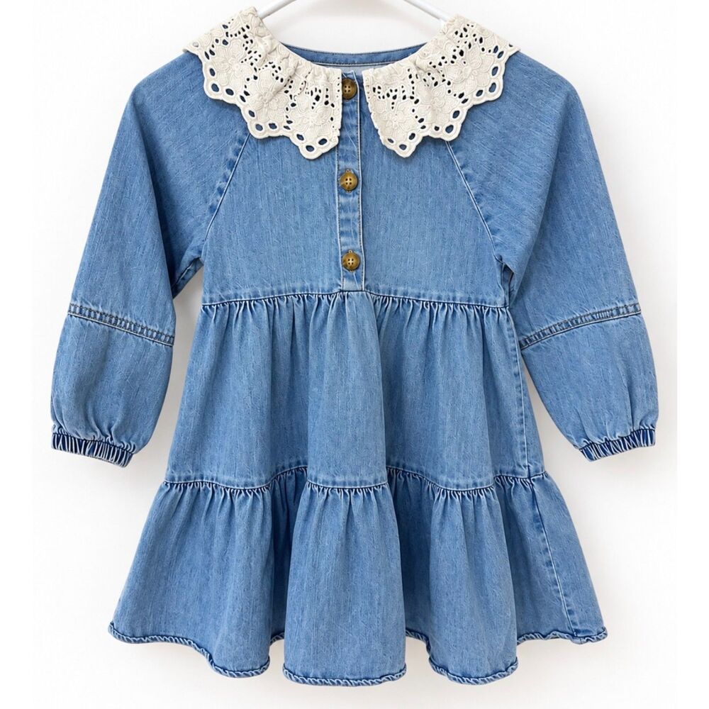 Title: Zara Kids Girls Denim Tiered Dress Lace Peter Pan Collar Size 6 / 116